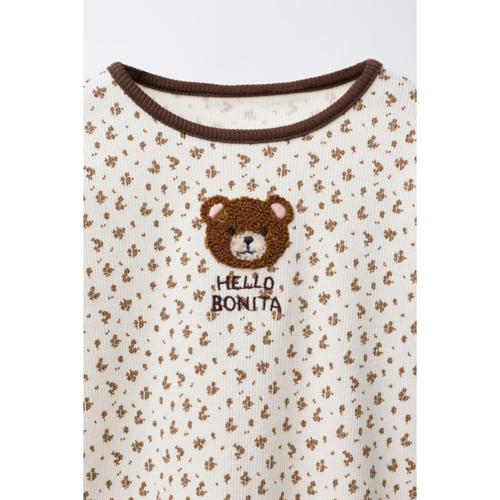 RIBBED T-SHIRT WITH ANIMAL PATCH AND FLORAL PRINT