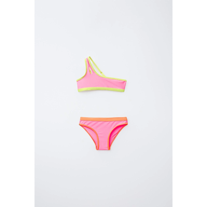 Купальник яркий для девочек 6-14 лет с асимметричным верхом и отделкой