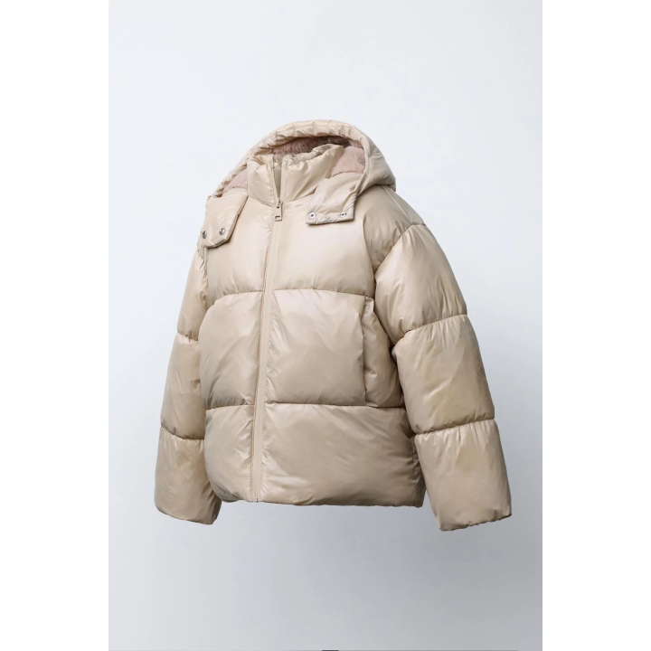 SHINY PUFFER JACKET WITH FAUX FUR LINING
