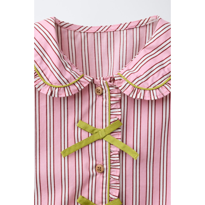 6-14 ЛЕТ/ПИЖАМА: РУБАШКА С БАНТИКАМИ И БРЮКИ В ПОЛОСКУ