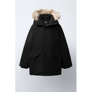 LONG 50% FEATHER AND 50% DOWN WATER-REPELLENT PUFFER JACKET WITH DETACHABLE FAUX FUR HOODIE