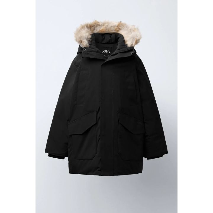 LONG 50% FEATHER AND 50% DOWN WATER-REPELLENT PUFFER JACKET WITH DETACHABLE FAUX FUR HOODIE