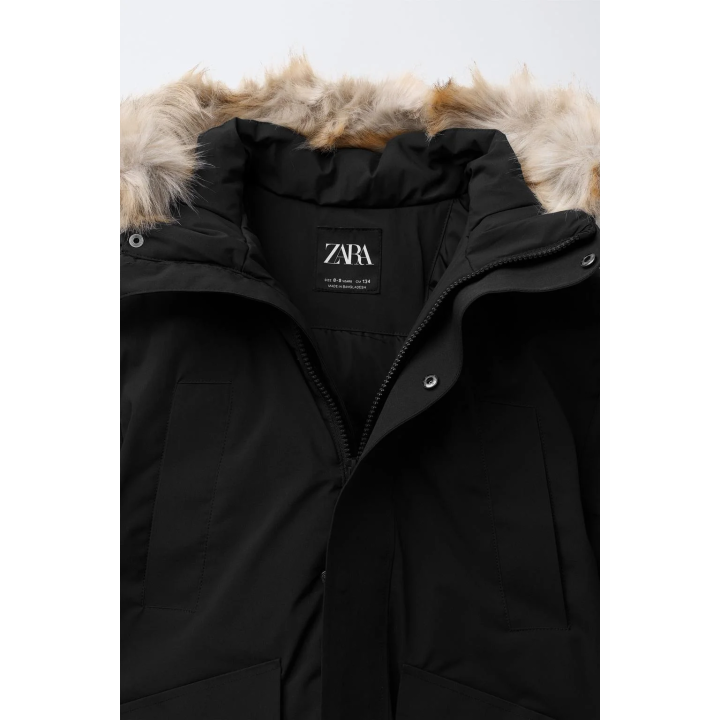 LONG 50% FEATHER AND 50% DOWN WATER-REPELLENT PUFFER JACKET WITH DETACHABLE FAUX FUR HOODIE