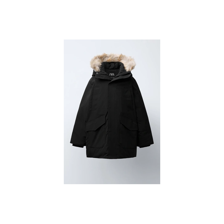 LONG 50% FEATHER AND 50% DOWN WATER-REPELLENT PUFFER JACKET WITH DETACHABLE FAUX FUR HOODIE