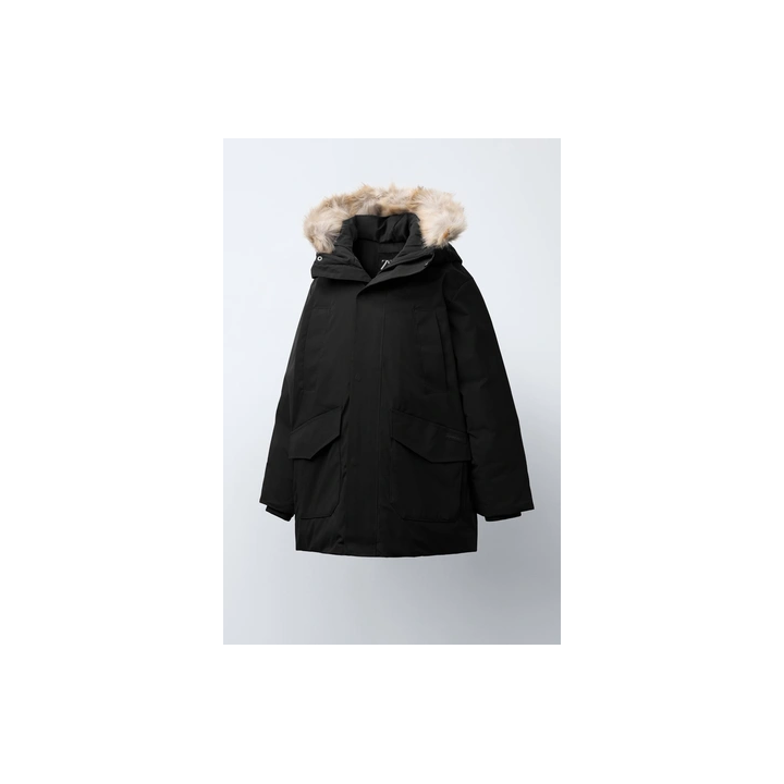 LONG 50% FEATHER AND 50% DOWN WATER-REPELLENT PUFFER JACKET WITH DETACHABLE FAUX FUR HOODIE