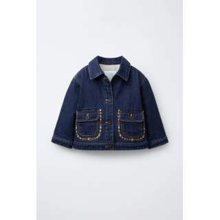 DENIM JACKET WITH FAUX SHEARLING AND EMBROIDERED FLOWERS