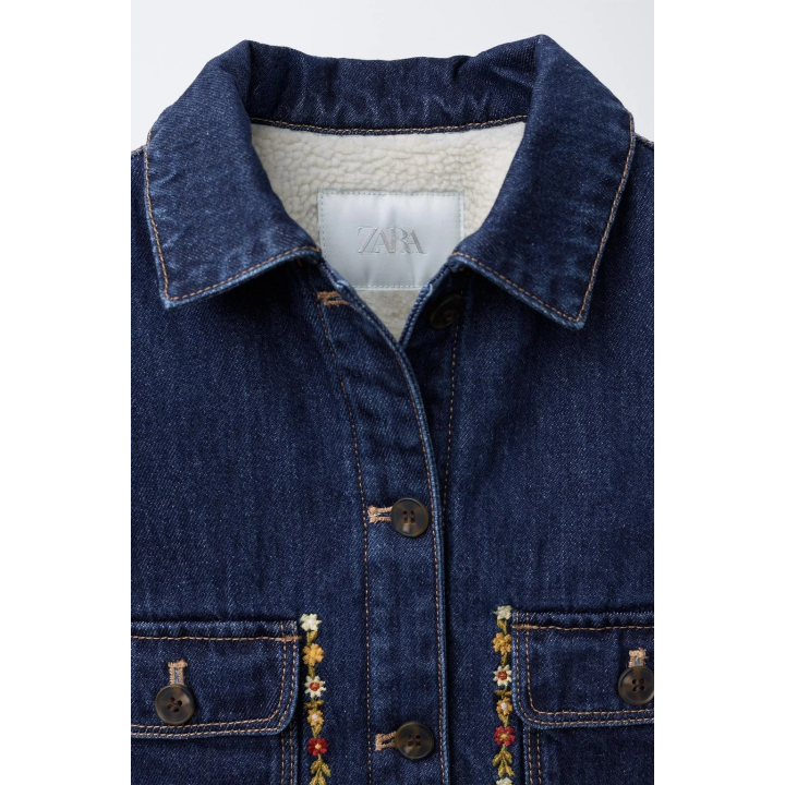 DENIM JACKET WITH FAUX SHEARLING AND EMBROIDERED FLOWERS