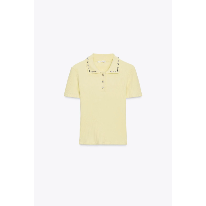 ПОЛО В РУБЧИК С ВОРОТНИКОМ, ДЕКОРИРОВАННЫМ ДРАГОЦЕННОСТЯМИ