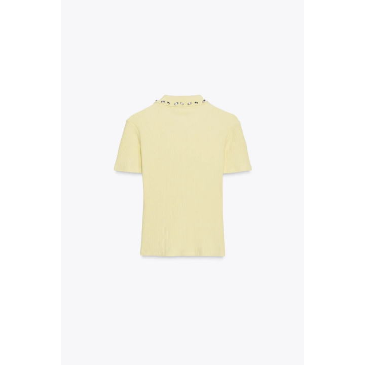 ПОЛО В РУБЧИК С ВОРОТНИКОМ, ДЕКОРИРОВАННЫМ ДРАГОЦЕННОСТЯМИ