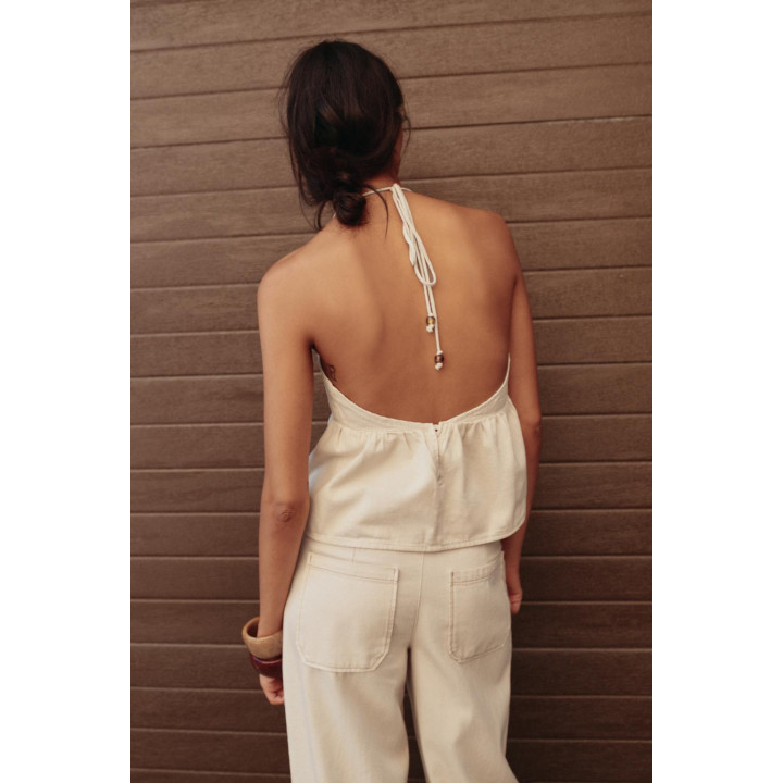 ДЖИНСОВЫЙ ТОП ХАЛТЕР С БУСИНАМИ