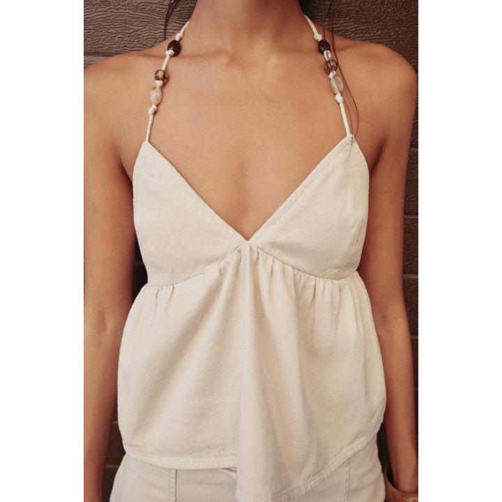 ДЖИНСОВЫЙ ТОП ХАЛТЕР С БУСИНАМИ