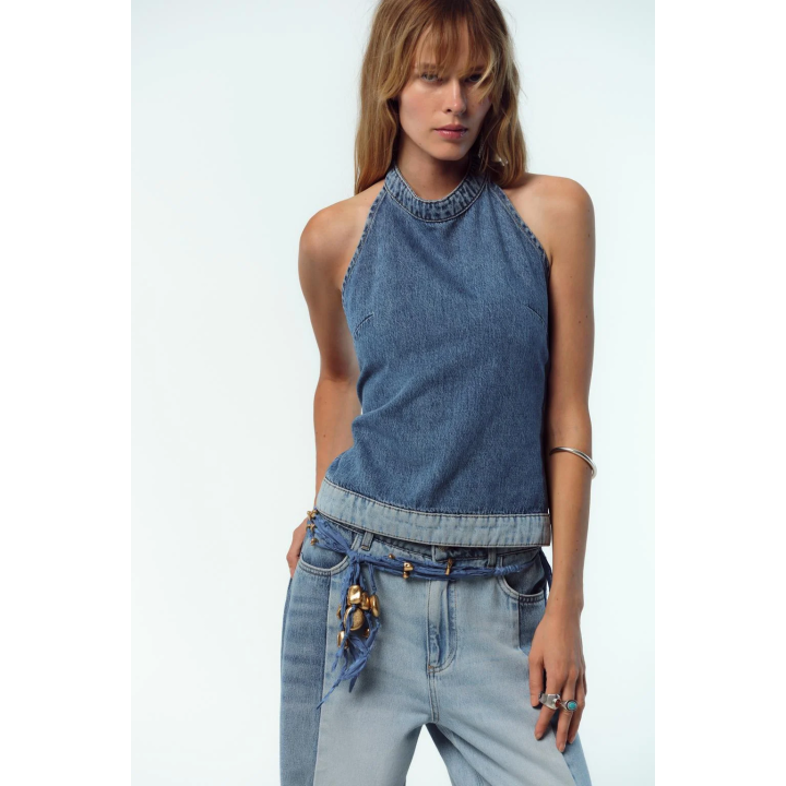 КОМБИНИРОВАННЫЙ ДЖИНСОВЫЙ ТОП Z1975 С ГОРЛОВИНОЙ ХАЛТЕР