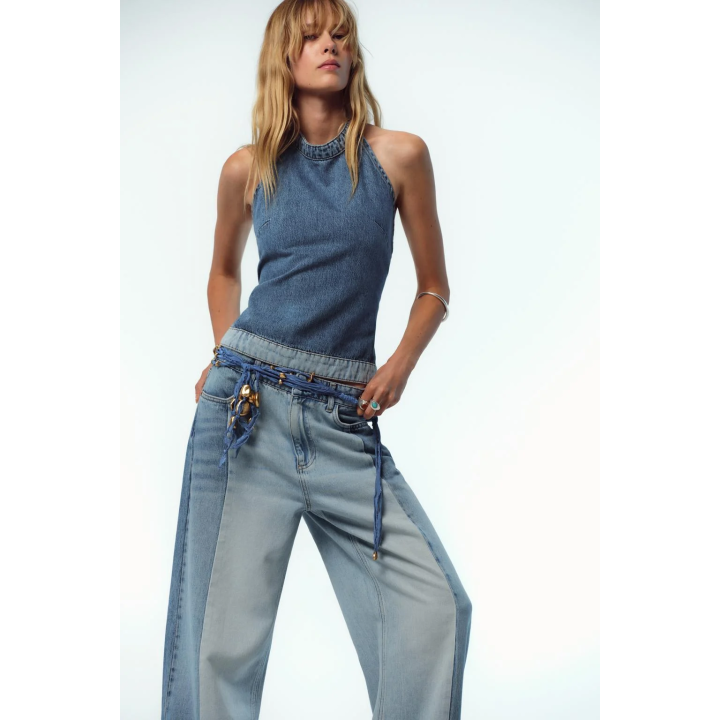 КОМБИНИРОВАННЫЙ ДЖИНСОВЫЙ ТОП Z1975 С ГОРЛОВИНОЙ ХАЛТЕР