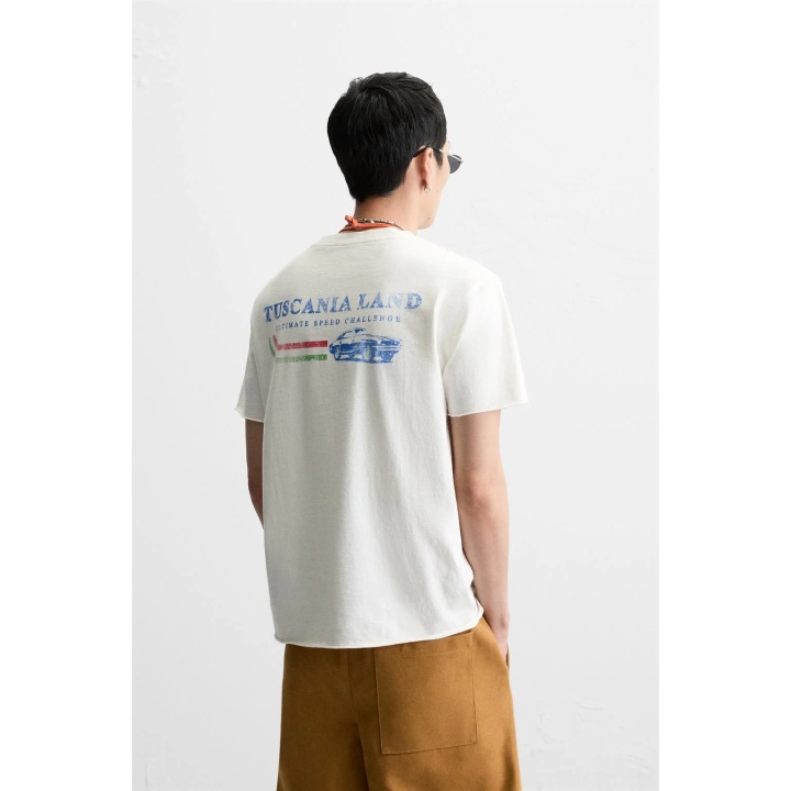 ФУТБОЛКА ИЗ ТКАНИ С ЭФФЕКТОМ ПОТЕРТОСТИ С НАДПИСЬЮ