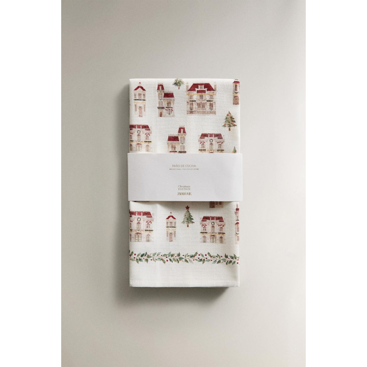Пара хлопковых рождественских кухонных полотенец с изображением домов