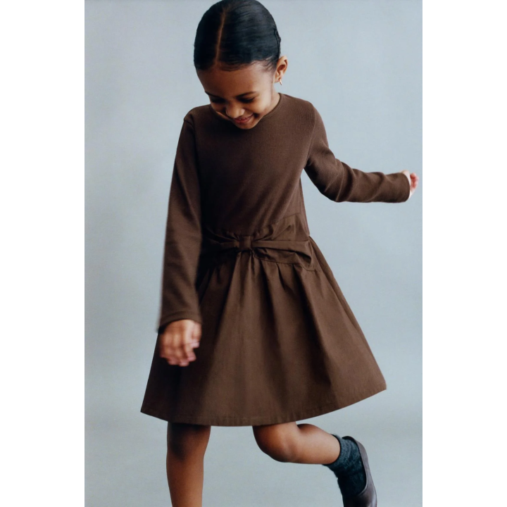 КОМБИНИРОВАННОЕ ПЛАТЬЕ В РУБЧИК С БАНТОМ