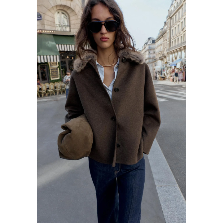 ПАЛЬТО ИЗ ШЕРСТИ С ВОРОТНИКОМ ИЗ ИСКУССТВЕННОГО МЕХА