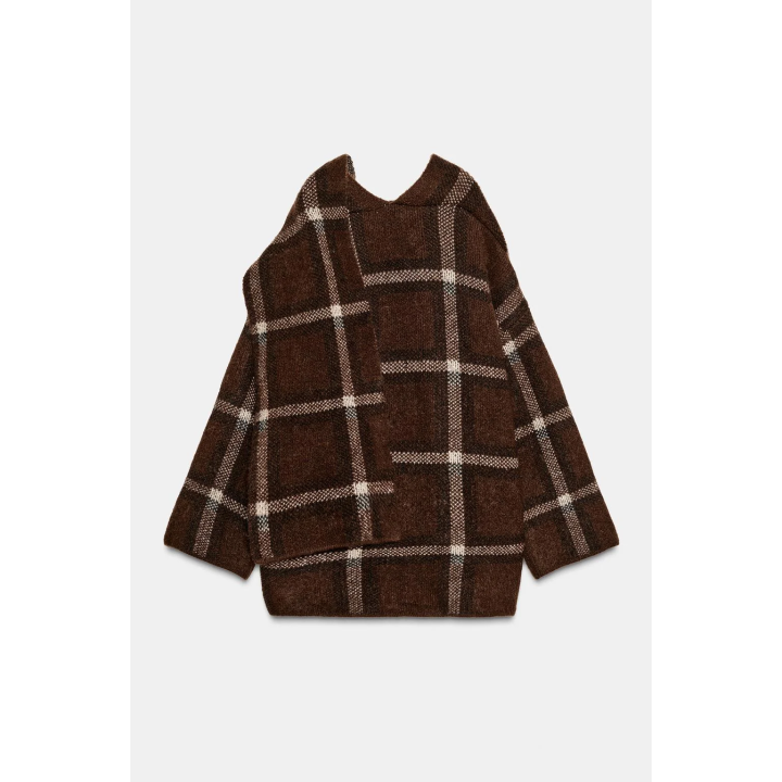 КОРОТКОЕ ТРИКОТАЖНОЕ ПАЛЬТО С ШАРФОМ В КЛЕТКУ