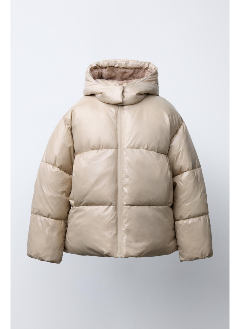 SHINY PUFFER JACKET WITH FAUX FUR LINING