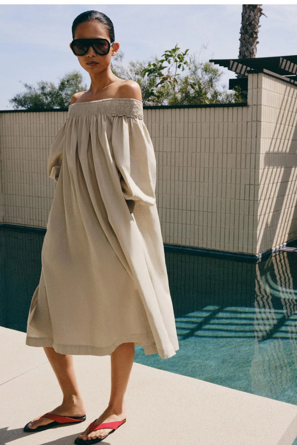 Складчатое платье миди из льняной смеси ZW COLLECTION — Миди и макси