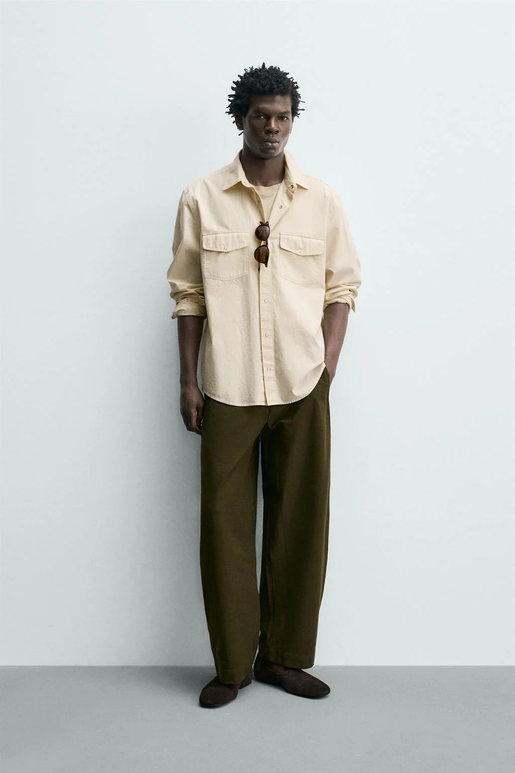 Рубашка из текстурированного хлопка прямого кроя — Однотонные