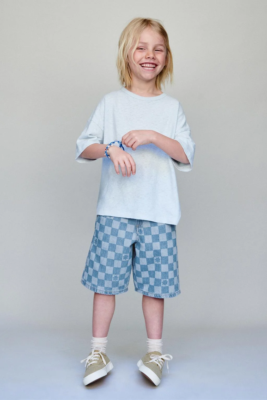 Бермуды из денима в клетку — Джинсы