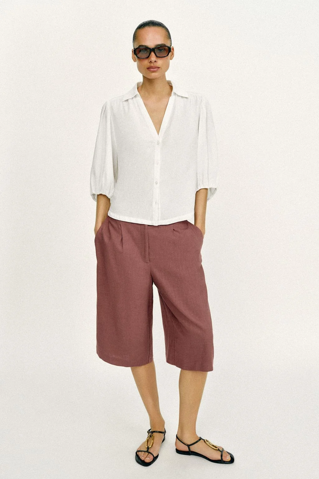 Рубашка с пышными рукавами из льняной смеси