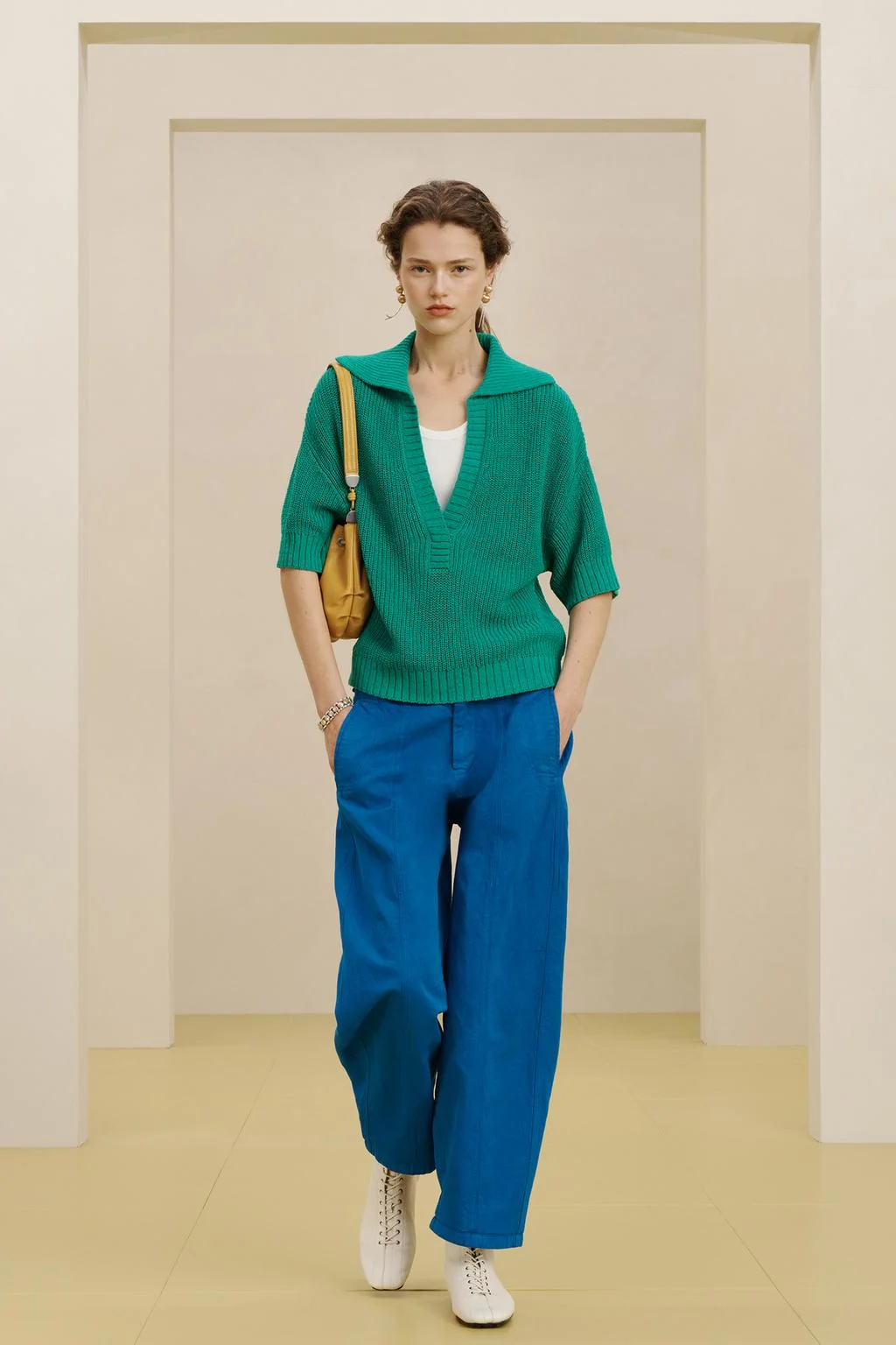 Поло-рубашка из смесовой вязаной ткани с льном, оверсайз — Трикотаж