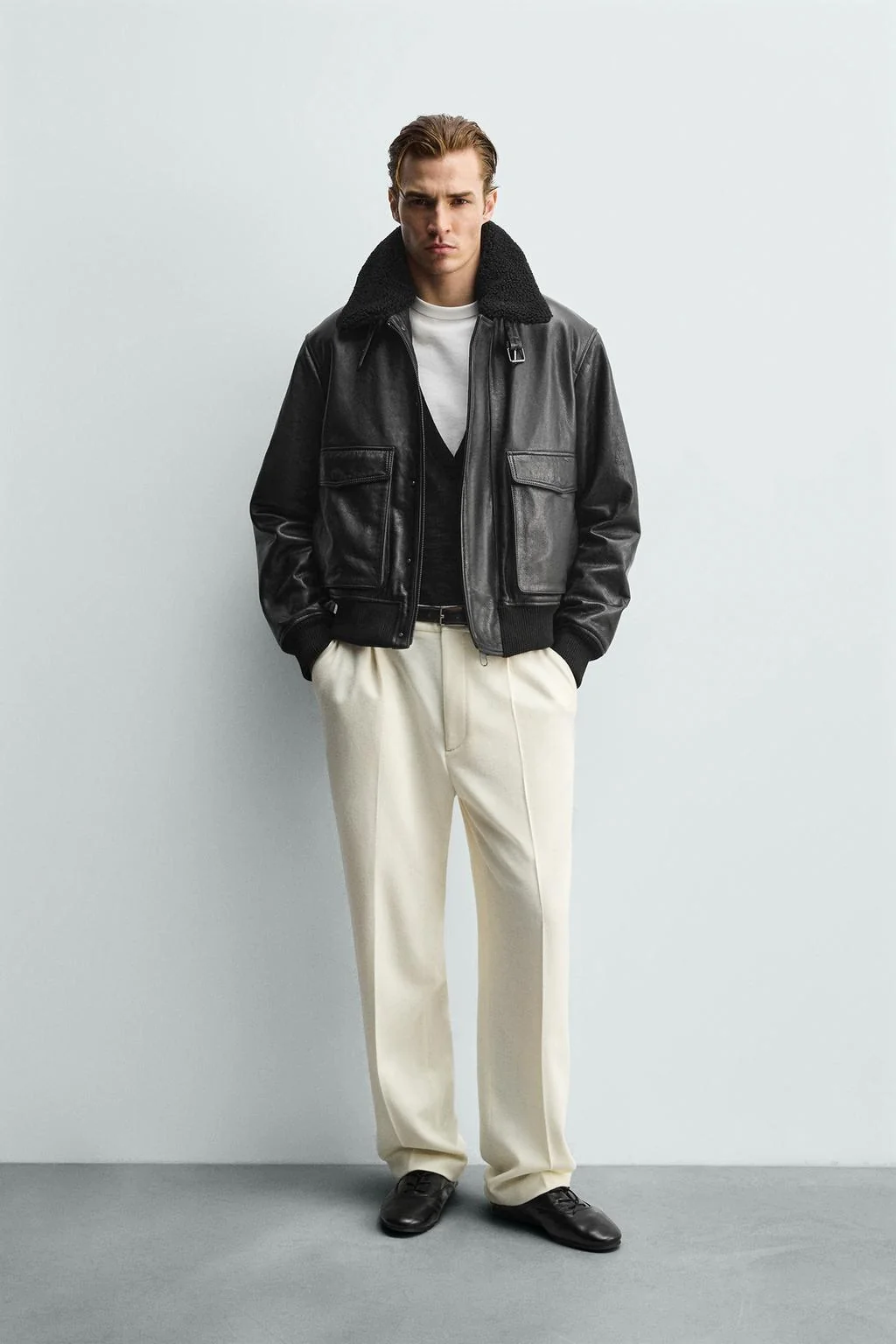 Кожаная куртка с контрастным воротником — Кожа