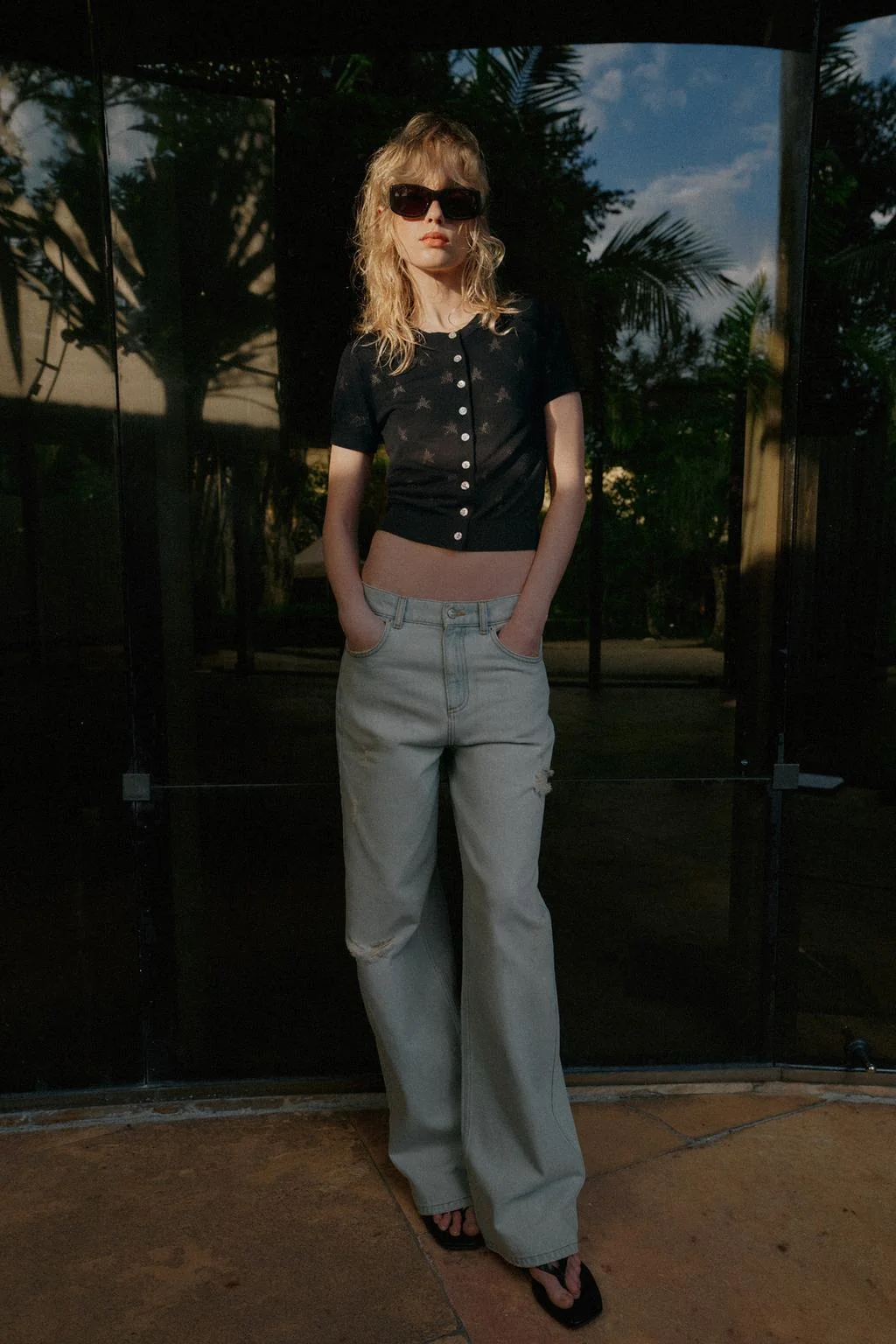 Кардиган с короткими рукавами из звездчатого трикотажа