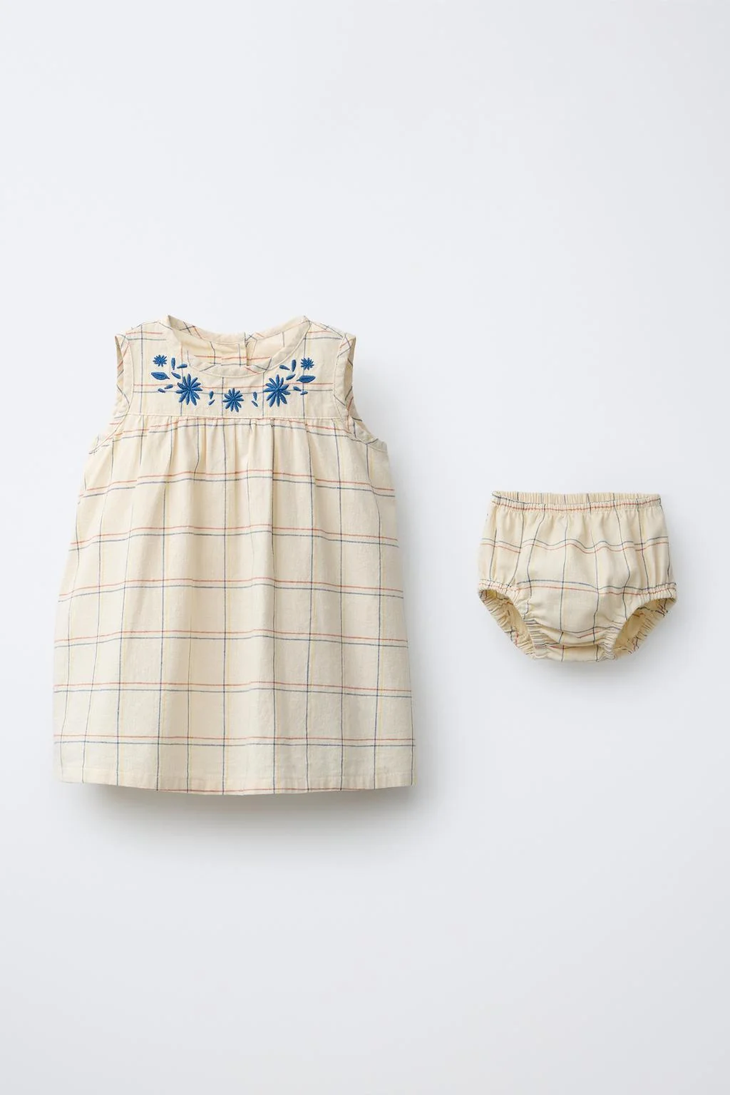 CHECK AND EMBROIDERED DRESS AND BRIEFS