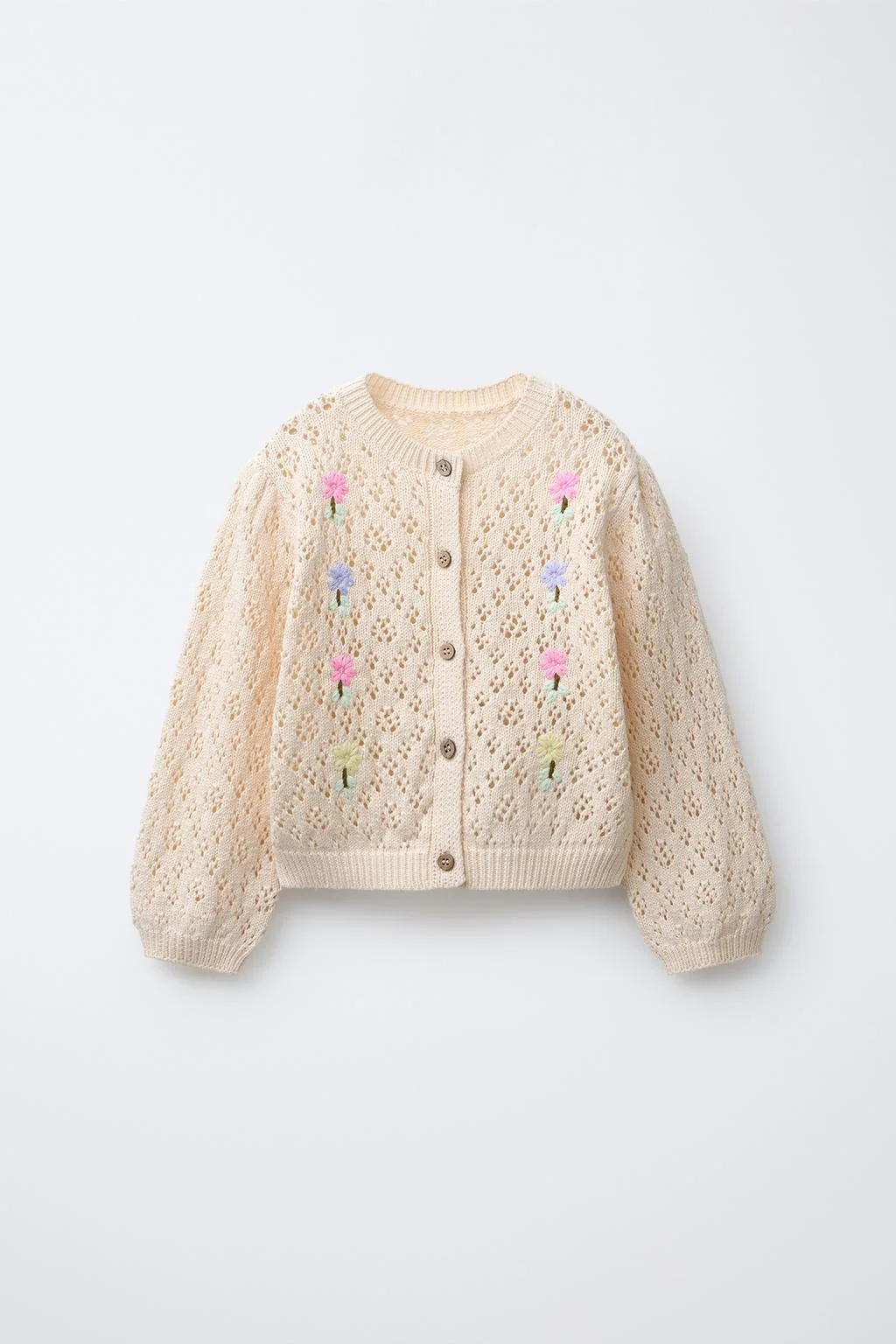 CUTWORK KNIT CARDIGAN WITH EMBROIDERED FLOWERS