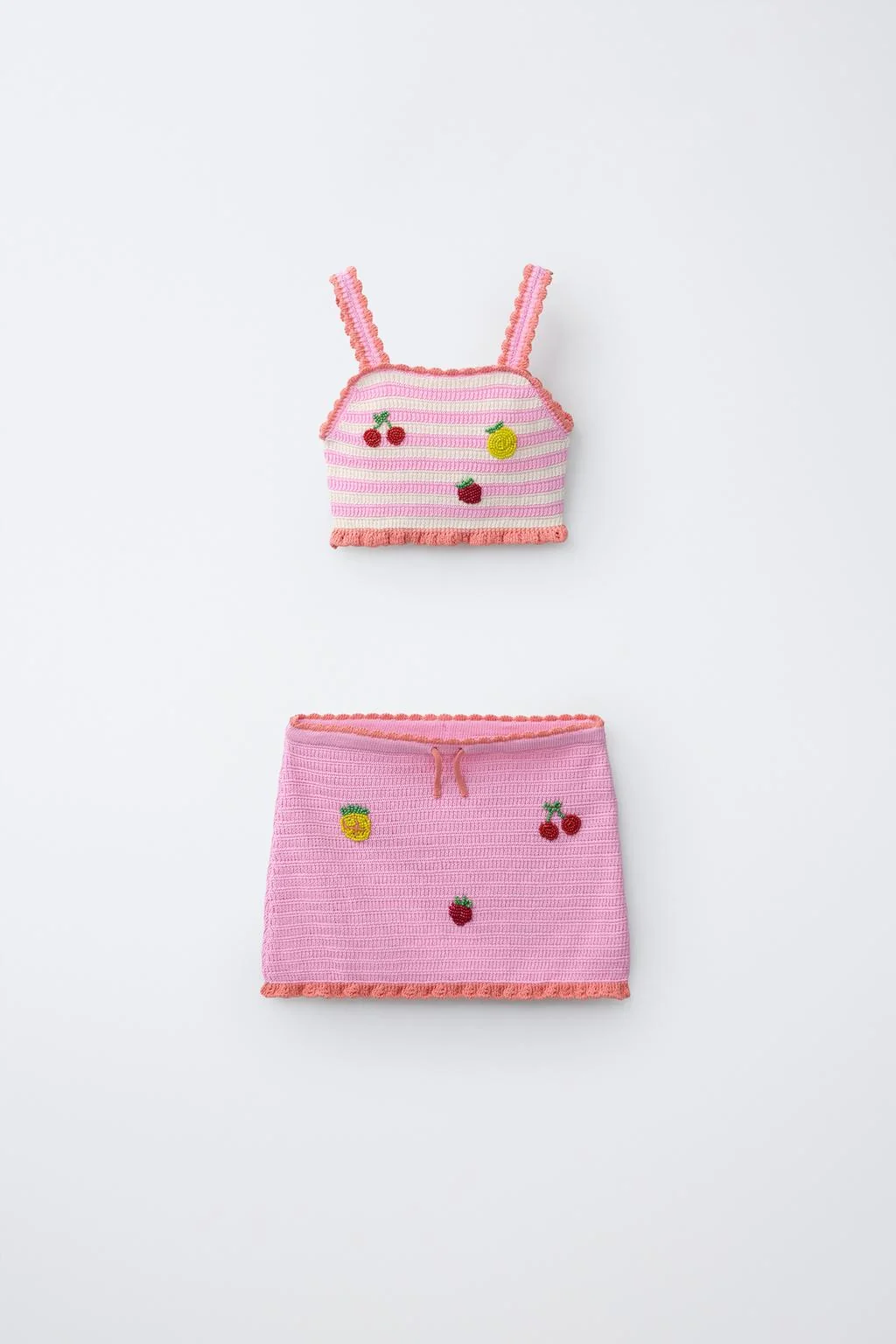 6-14 YEARS/ FRUIT & STRIPE CROCHET KNIT TOP & PAREO SET