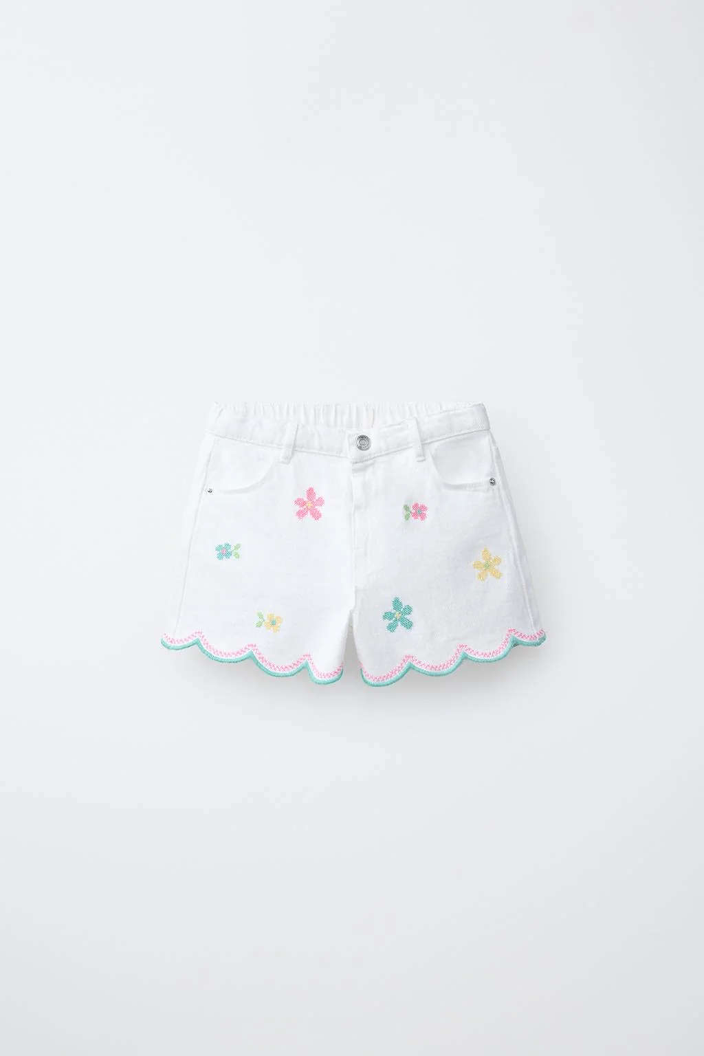 MOM FIT TWILL BERMUDA SHORTS WITH CROSS-STITCH FLOWERS