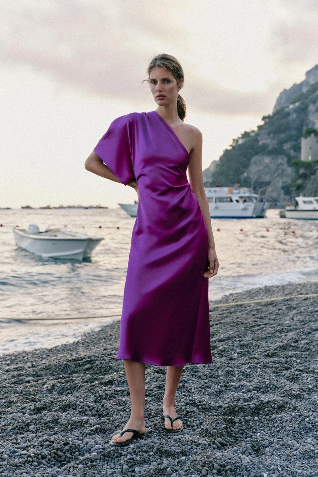 ASYMMETRIC SATIN MIDI DRESS