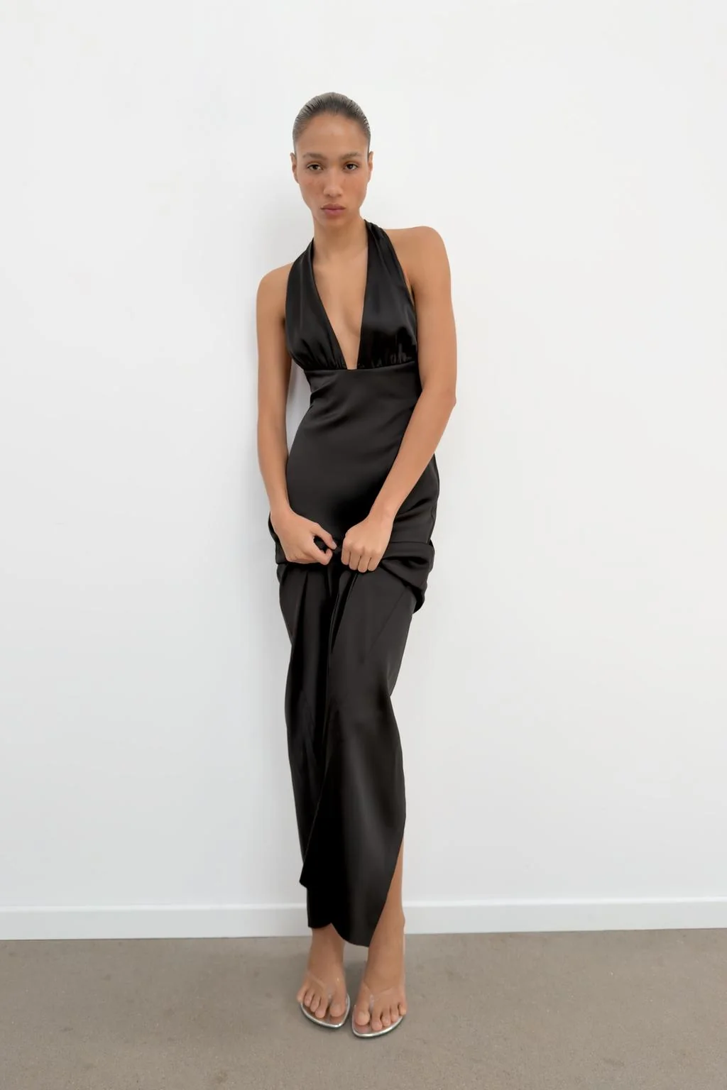 LONG SATIN HALTER DRESS