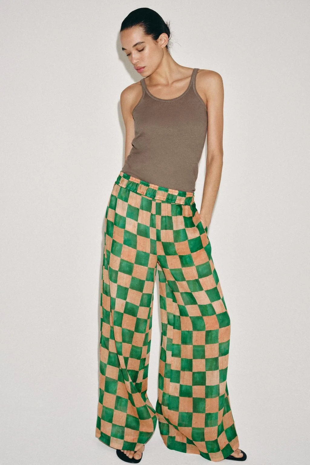 ZW COLLECTION RAMIE CHECK PALAZZO TROUSERS