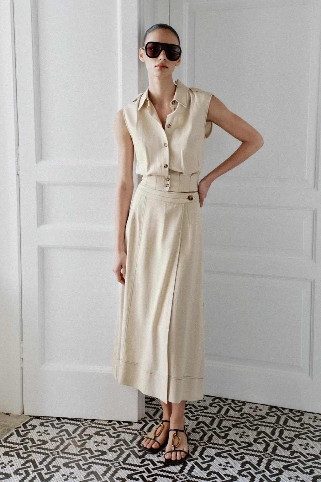 LINEN BLEND WRAP MIDI SKIRT