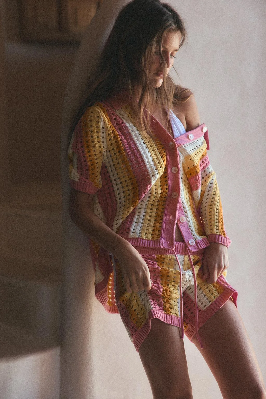 STRIPED CUTWORK KNIT SHORTS