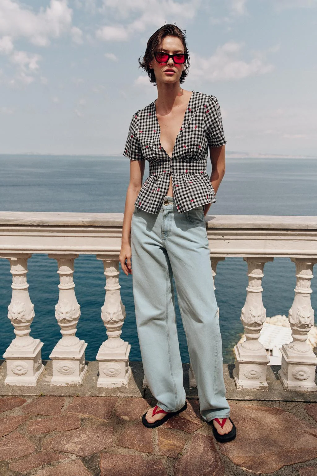 GINGHAM TOP WITH CHERRY EMBROIDERY