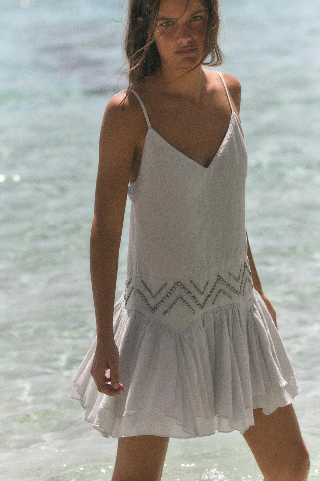 CHIFFON DRESS WITH RUFFLES AND STUDS