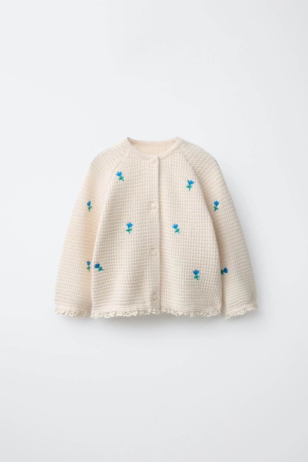 Фактурный трикотажный кардиган с вышивкой цветов и кружевной отделкой
