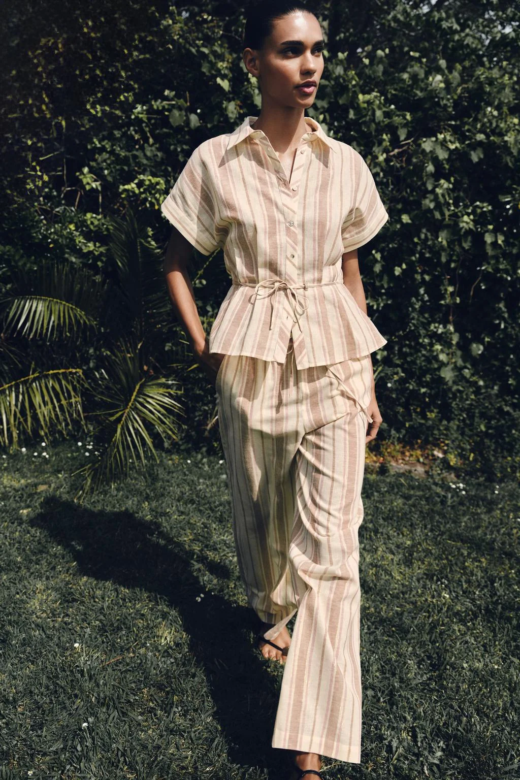 METALLIC THREAD STRIPED WIDE-LEG TROUSERS