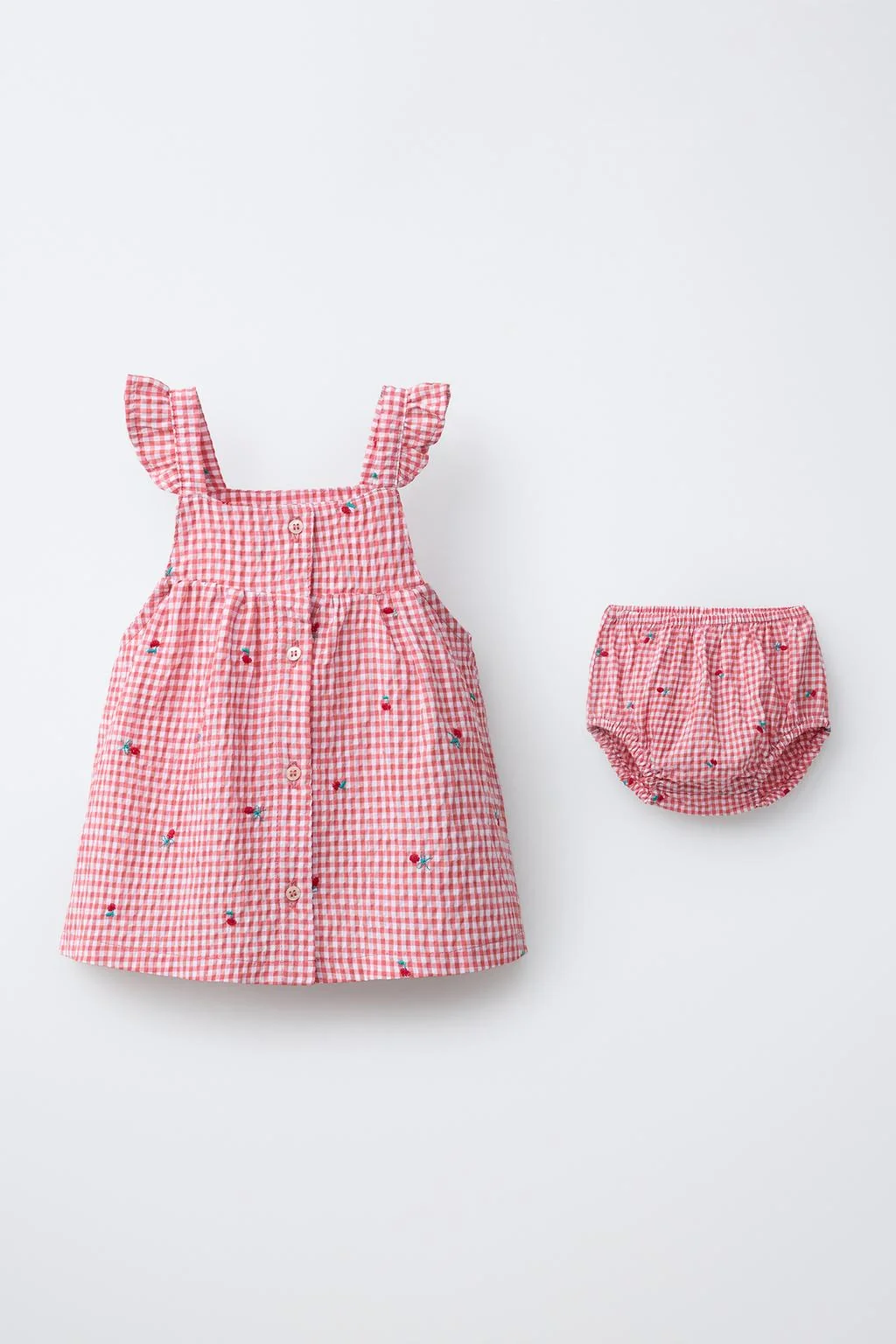 GINGHAM DRESS AND KNICKERS WITH EMBROIDERED FLOWERS