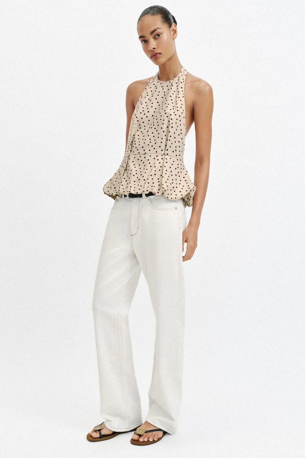 LINEN BLEND POLKA DOT BALLOON TOP