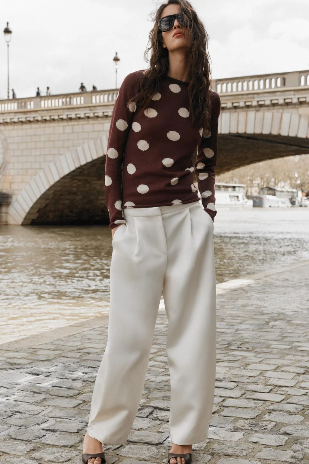 Трикотажный топ в горошек — С длинным рукавом