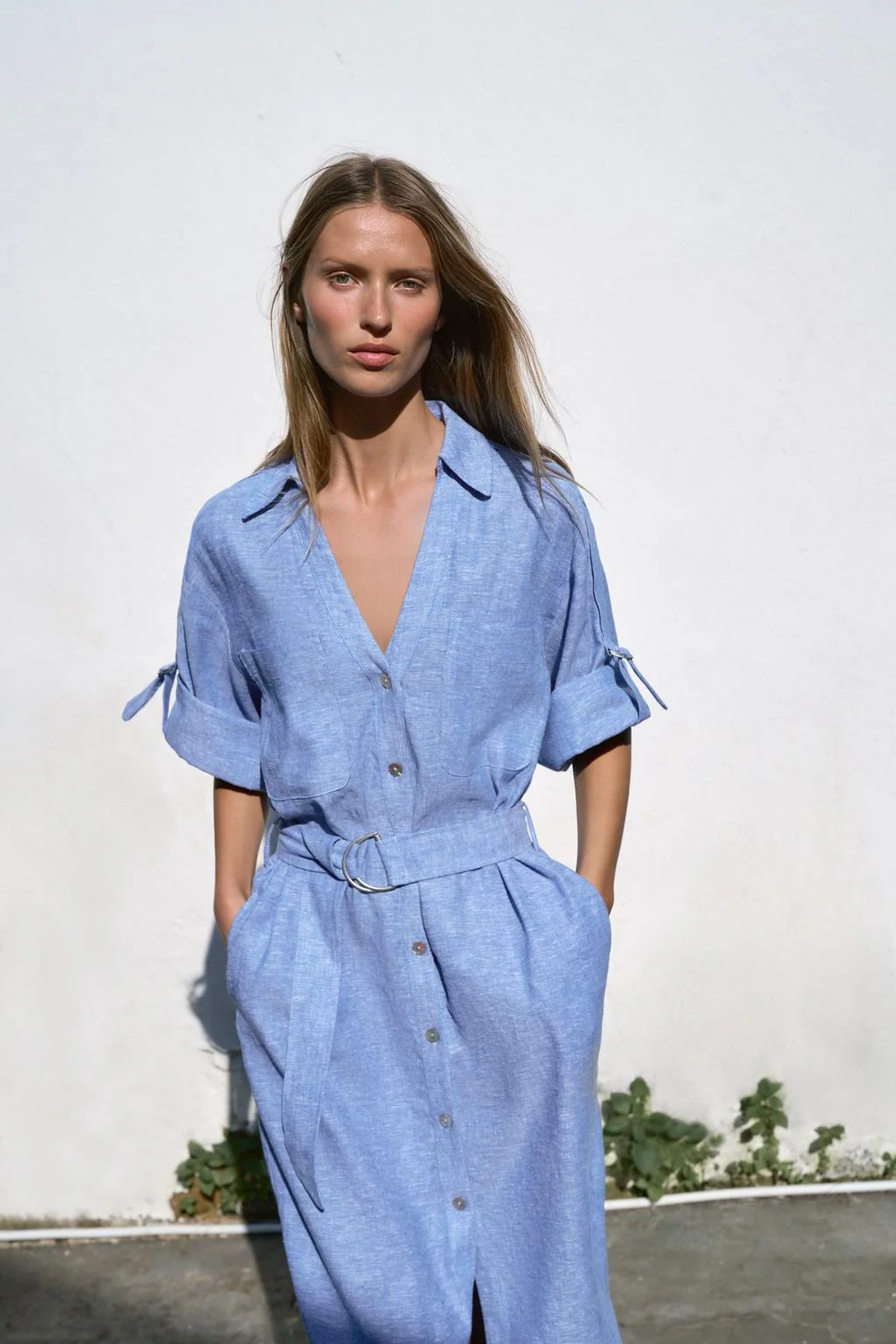 Миди-платье из льняной смеси с поясом