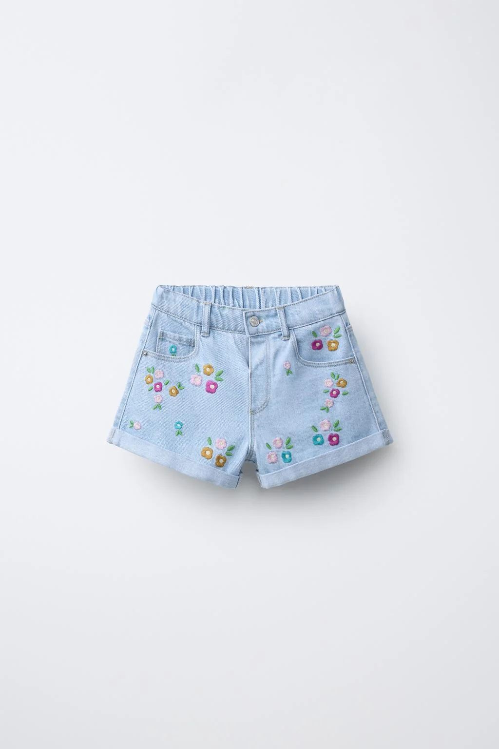 EMBROIDERED FLORAL DENIM BERMUDA SHORTS