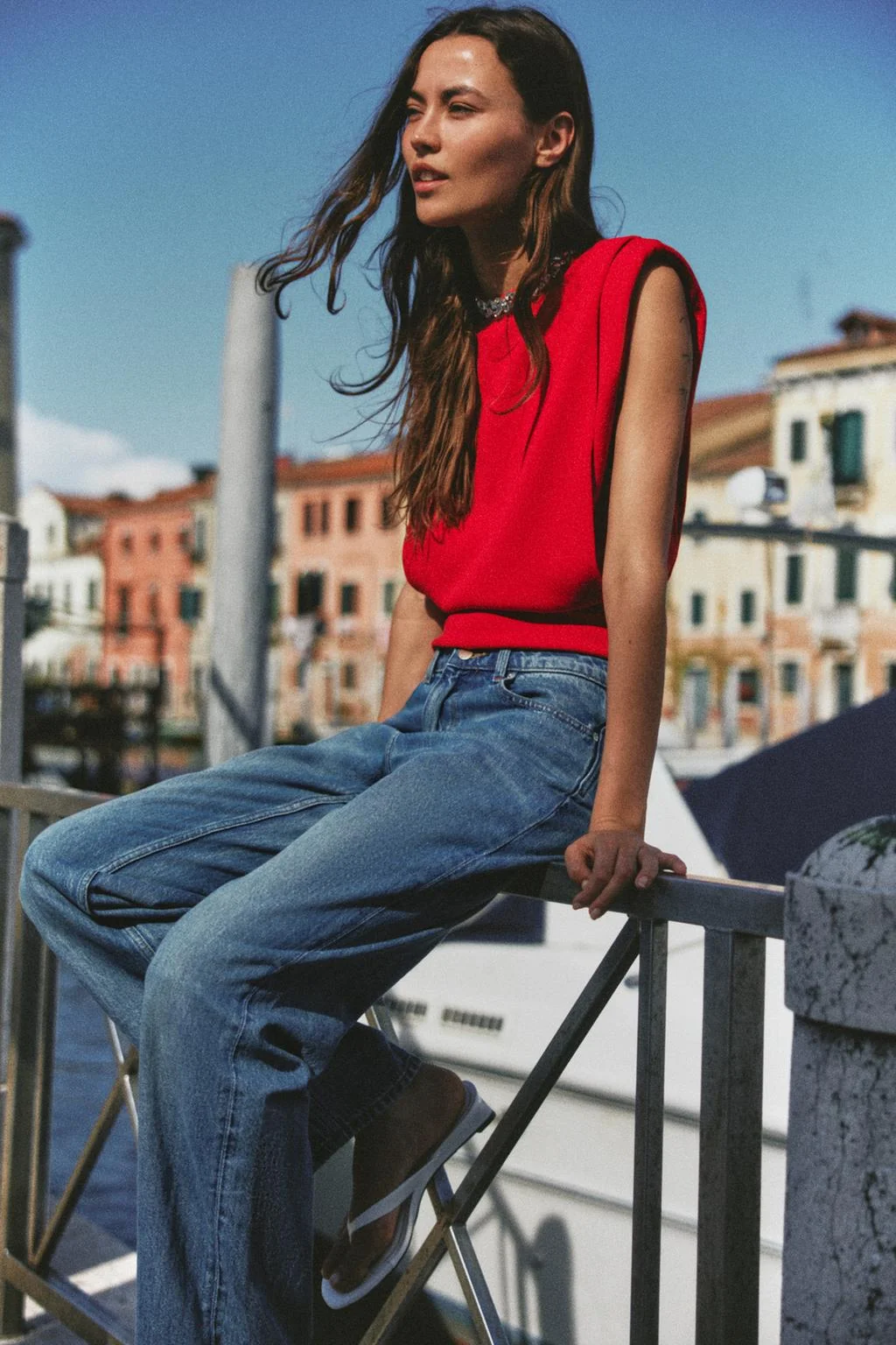 JEWEL-NECK TOP WITH SHOULDER PADS
