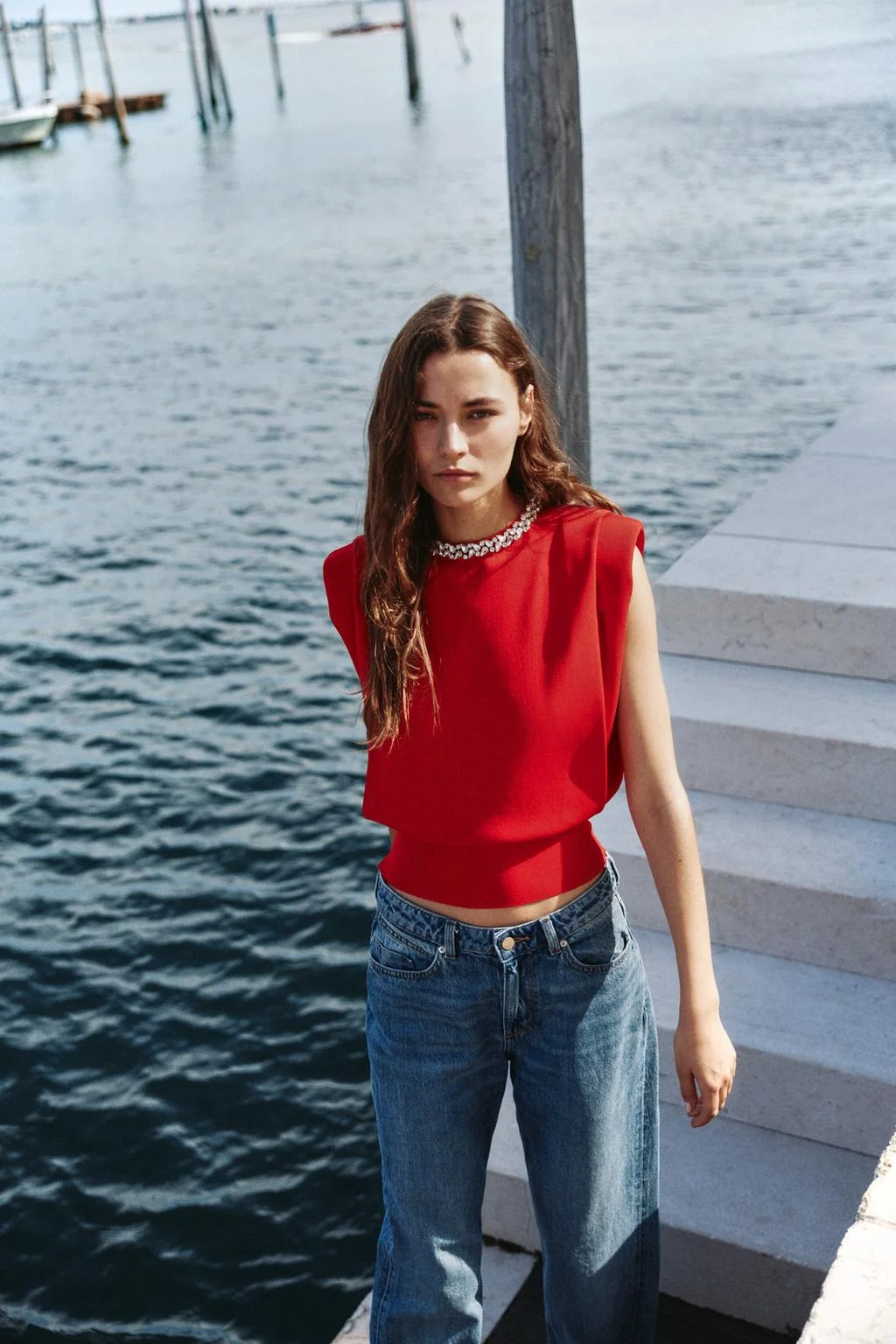 JEWEL-NECK TOP WITH SHOULDER PADS